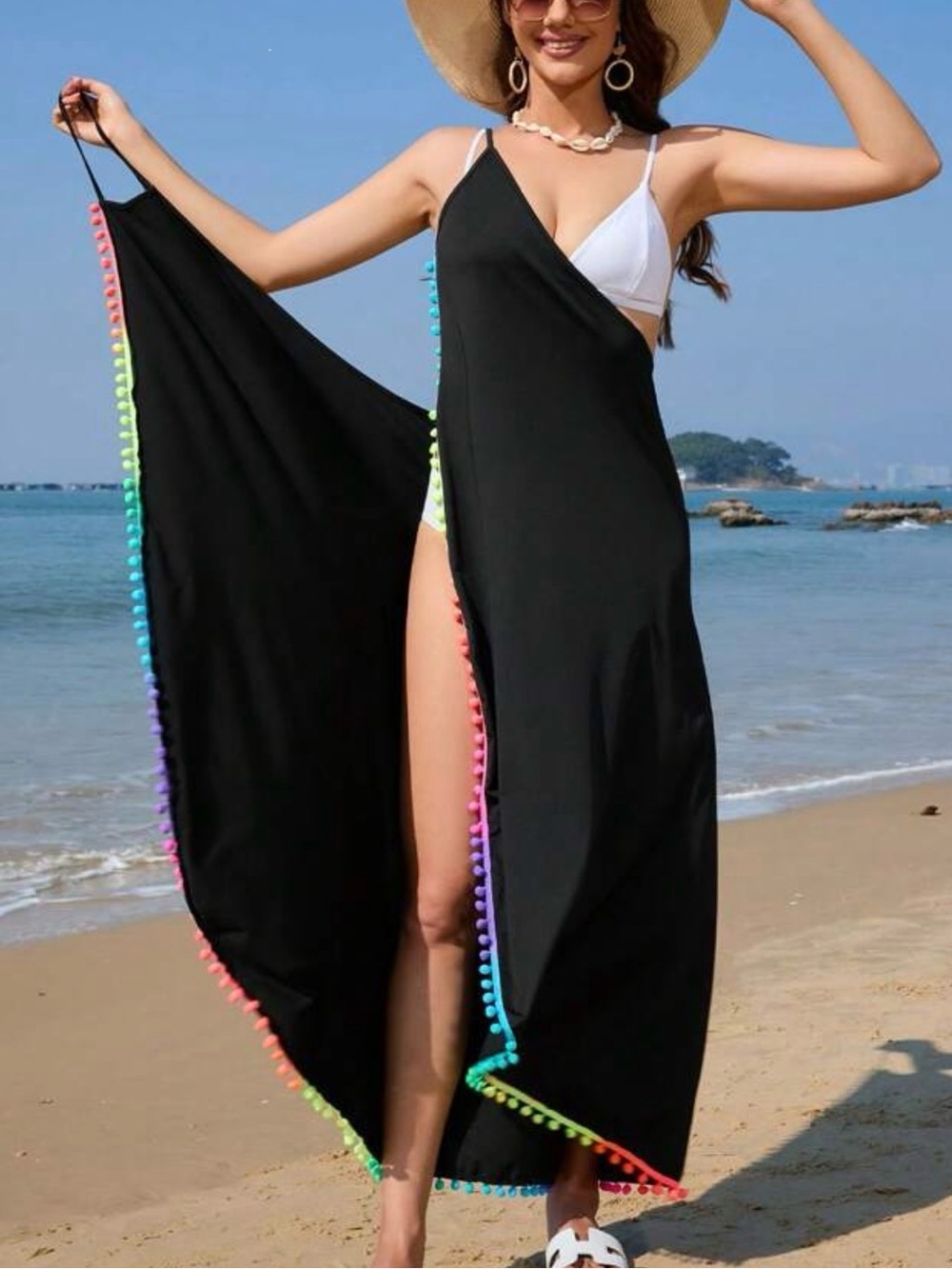 Black Beach Cover-Up Dress with Rainbow Pom Trim